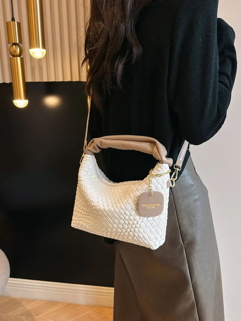 PU Leather Woven Crossbody Bag - Piña Colada