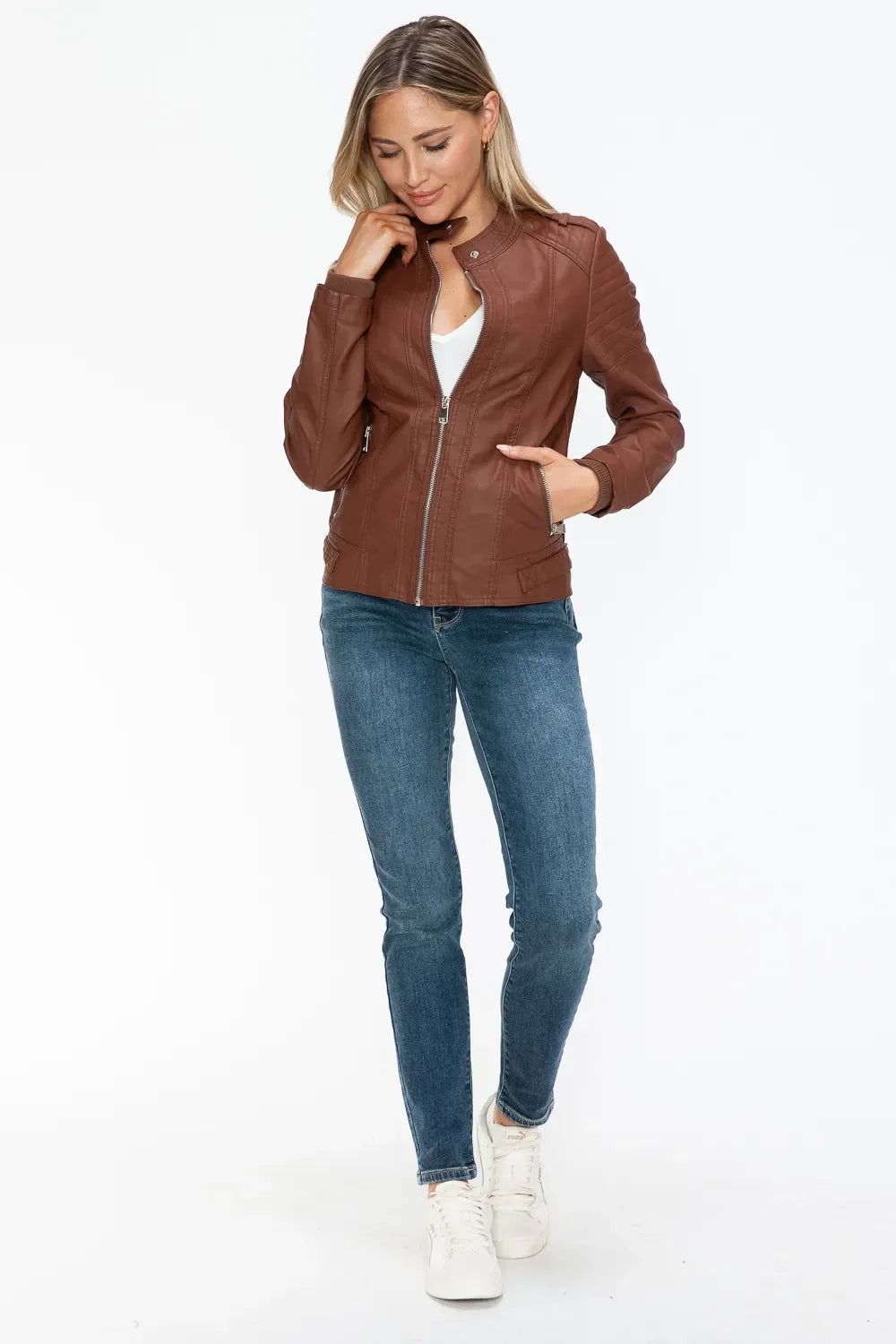 Snobbish PU Leather Biker Jacket with Side Zip Pockets - Piña Colada
