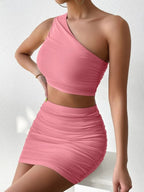 Ruched Single Shoulder Top and Skirt Set - Piña Colada