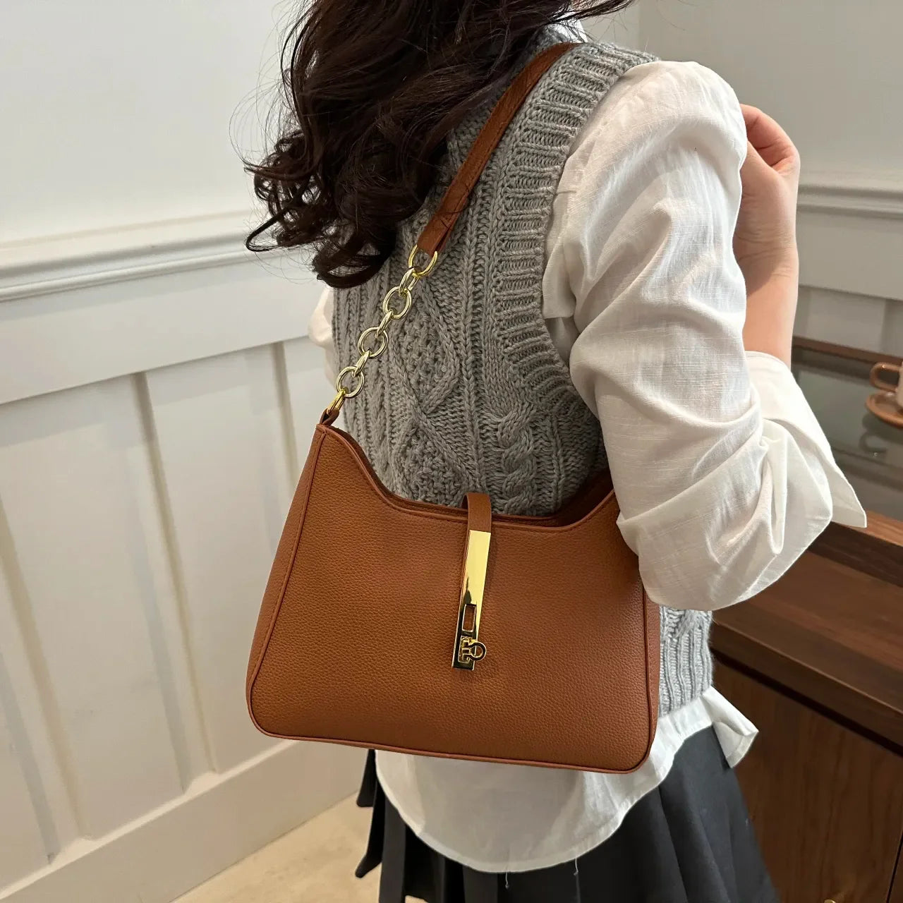 Leather Shoulder Bag with Gold Accent - Piña Colada