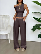 One Shoulder Top and Wide Leg Pants Set - Piña Colada