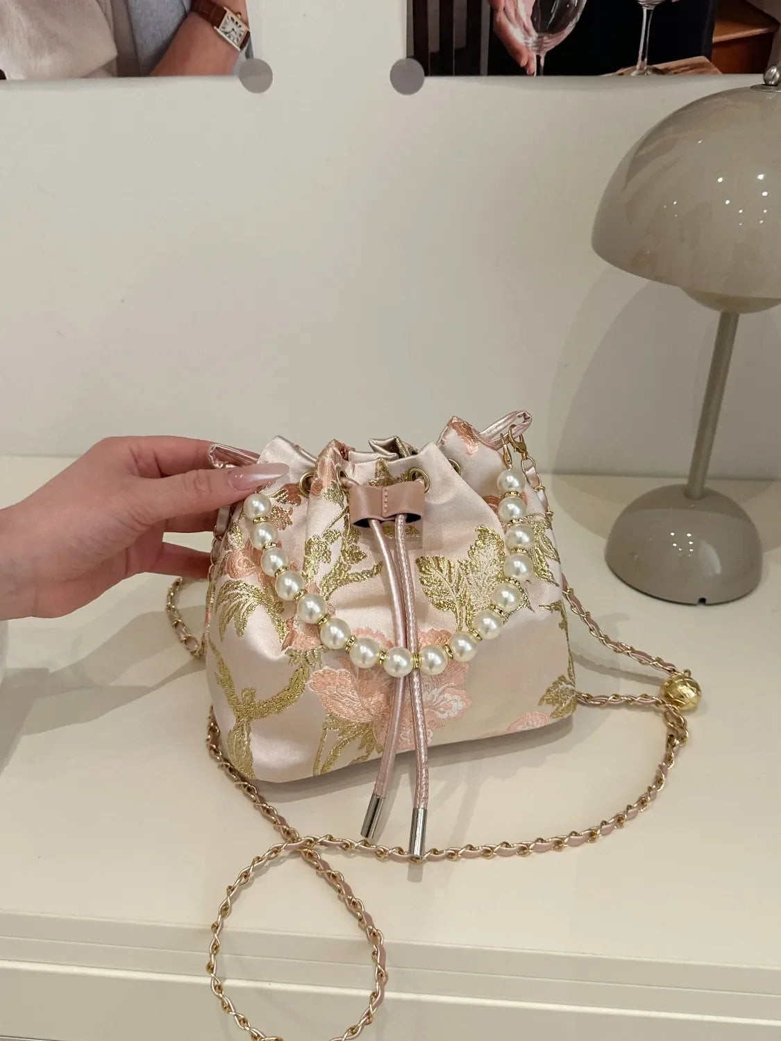 Drawstring Pearl Bucket Bag - Piña Colada