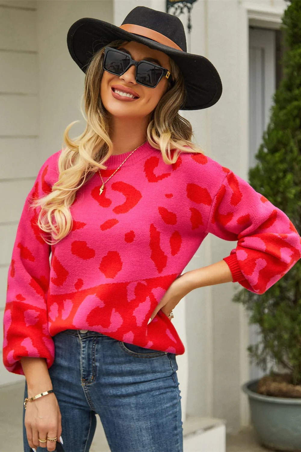 Angel Wings Woven Right Leopard Round Neck Dropped Shoulder Sweater - Piña Colada