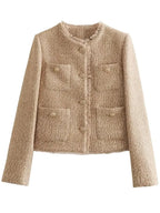 Raw Hem Pocketed Round Neck Jacket - Piña Colada