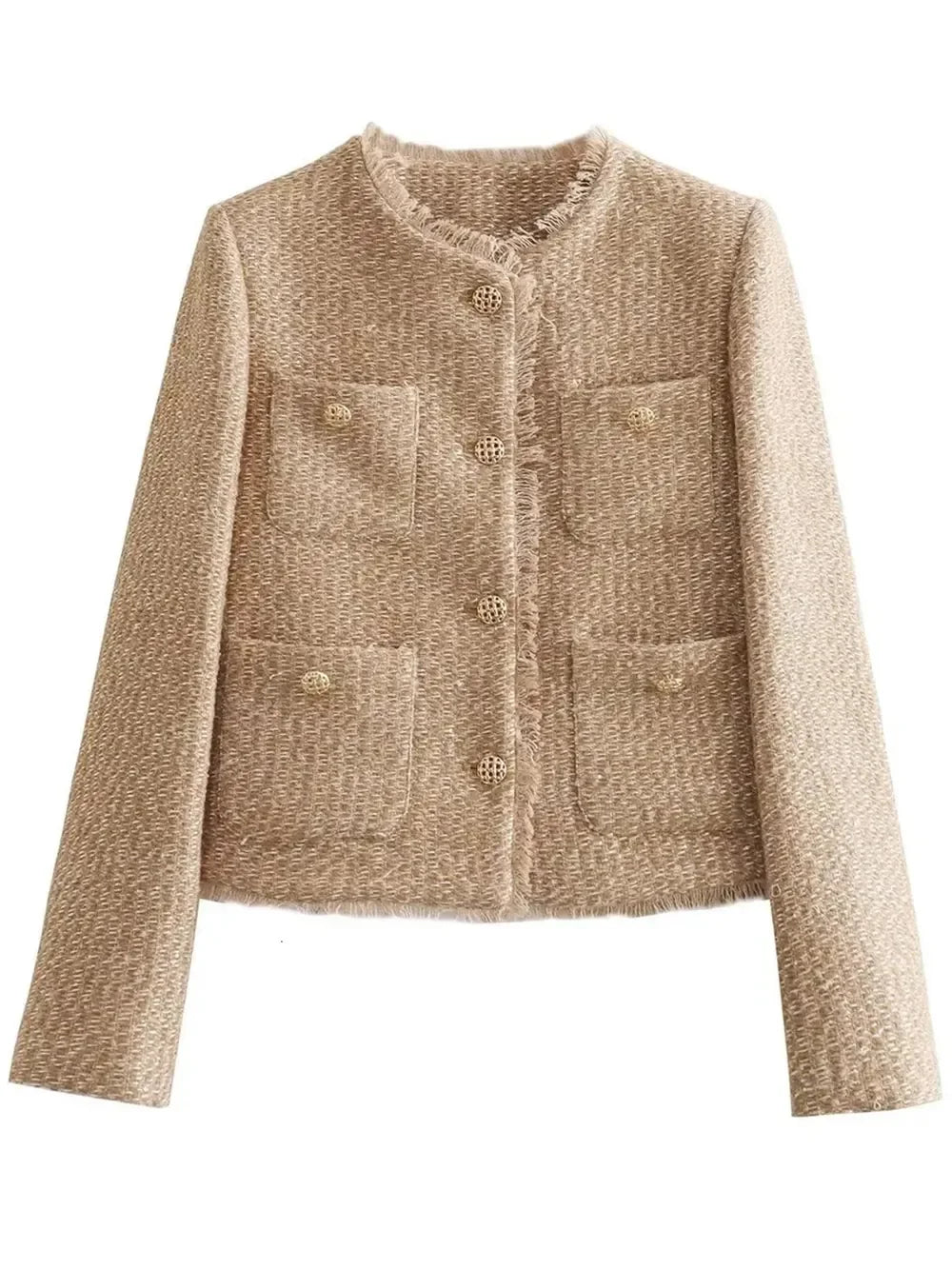 Raw Hem Pocketed Round Neck Jacket - Piña Colada