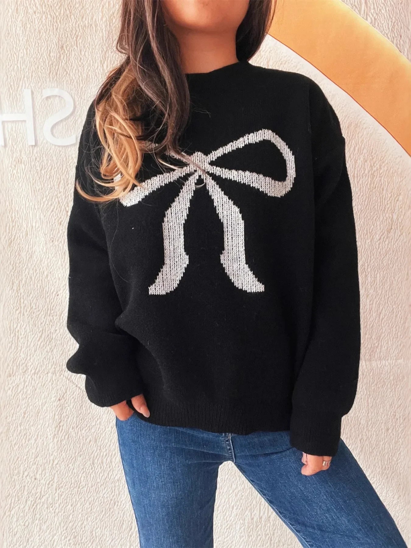 Bow Pattern Casual Long Sleeve Sweater - Piña Colada
