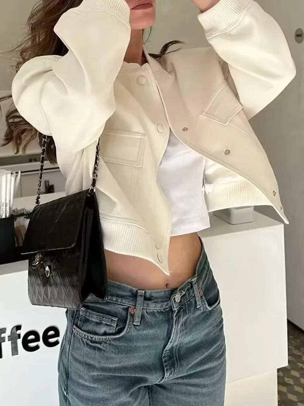 Pocketed Snap Down Baseball Collar Jacket - Piña Colada
