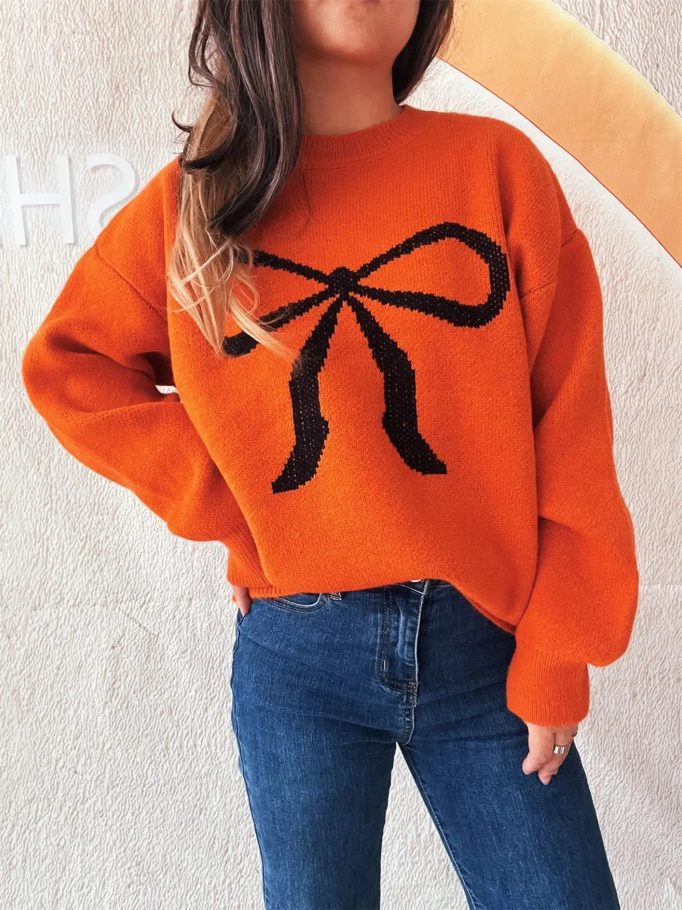 Bow Pattern Casual Long Sleeve Sweater - Piña Colada