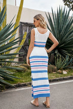 Striped Openwork Cropped Tank and Split Skirt Set - Piña Colada