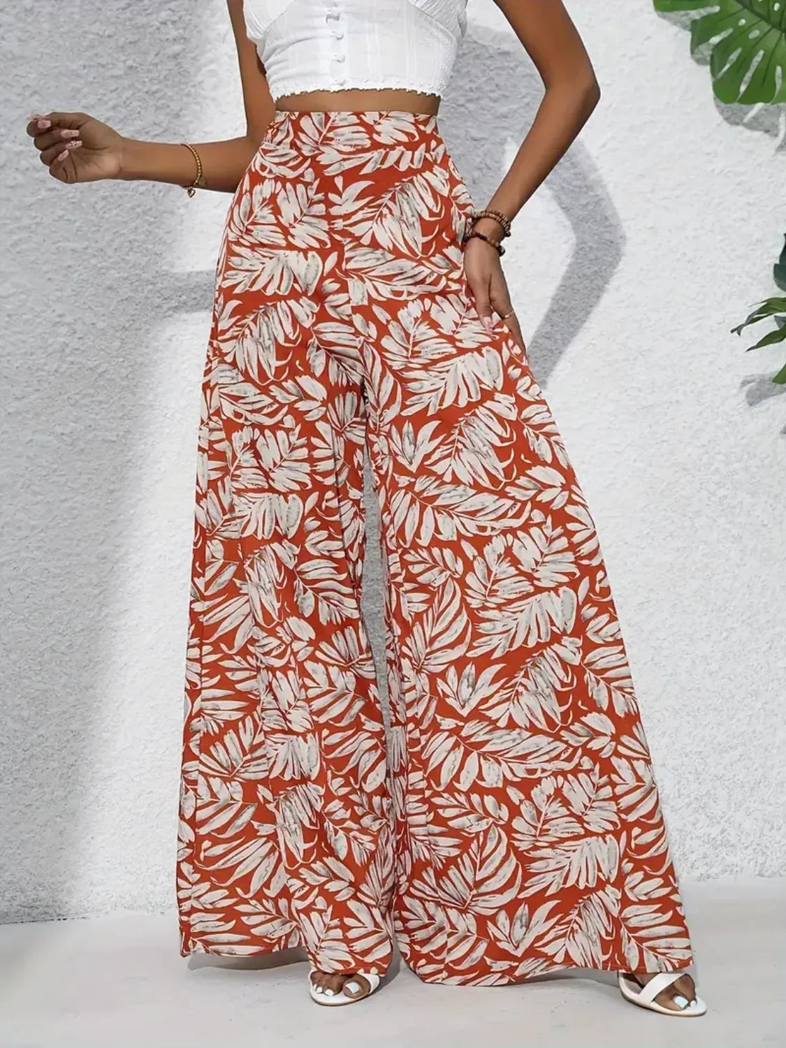 Printed High Waist Wide Leg Pants - Piña Colada