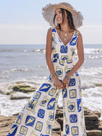 Printed V-Neck Wide Leg Jumpsuit - Piña Colada
