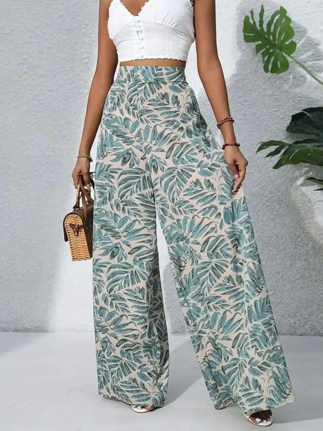 Printed High Waist Wide Leg Pants - Piña Colada