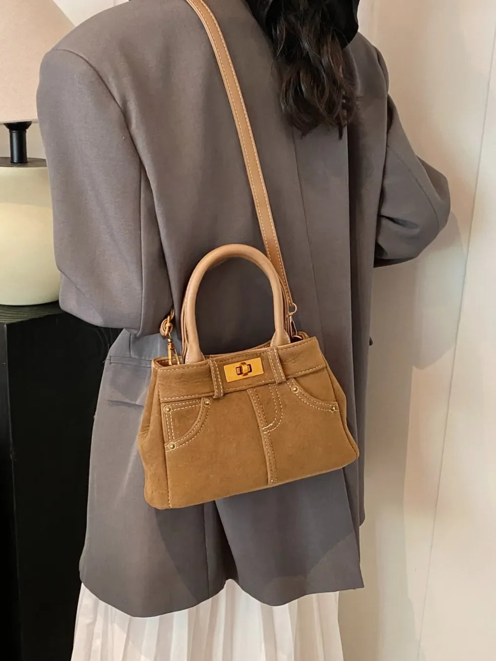 Suede Adjustable Strap Double-Use Handbag - Piña Colada