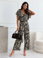 Leopard Print Short Sleeve Wide Leg Jumpsuit - Piña Colada