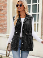 Button Up Collared Neck Denim Jacket with Pockets - Piña Colada