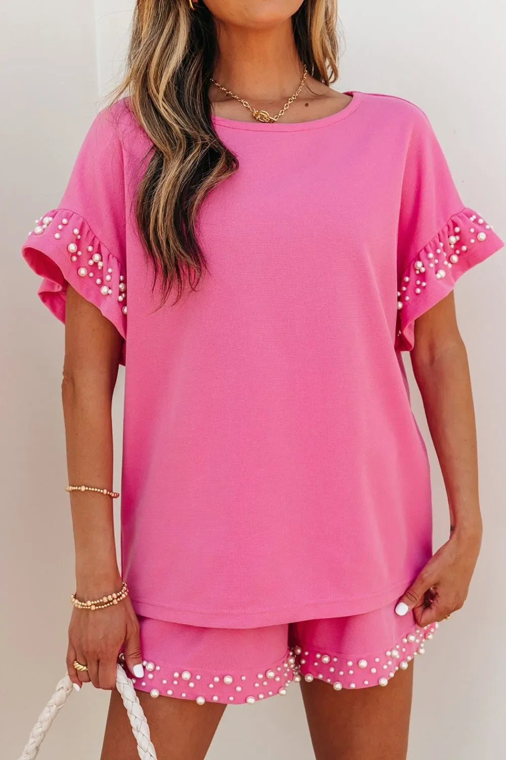 Pearl Embellished Top and Shorts Set - Piña Colada