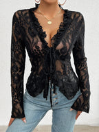 Tie Front Long Sleeve Lace Top - Piña Colada