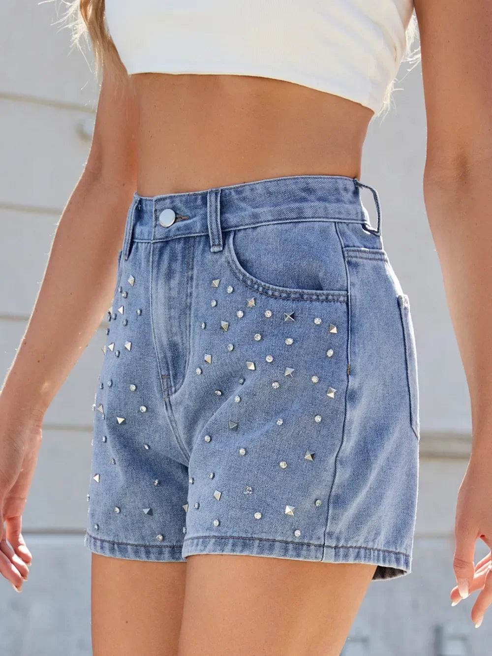 Rhinestone Washed High Waist Denim Shorts - Piña Colada