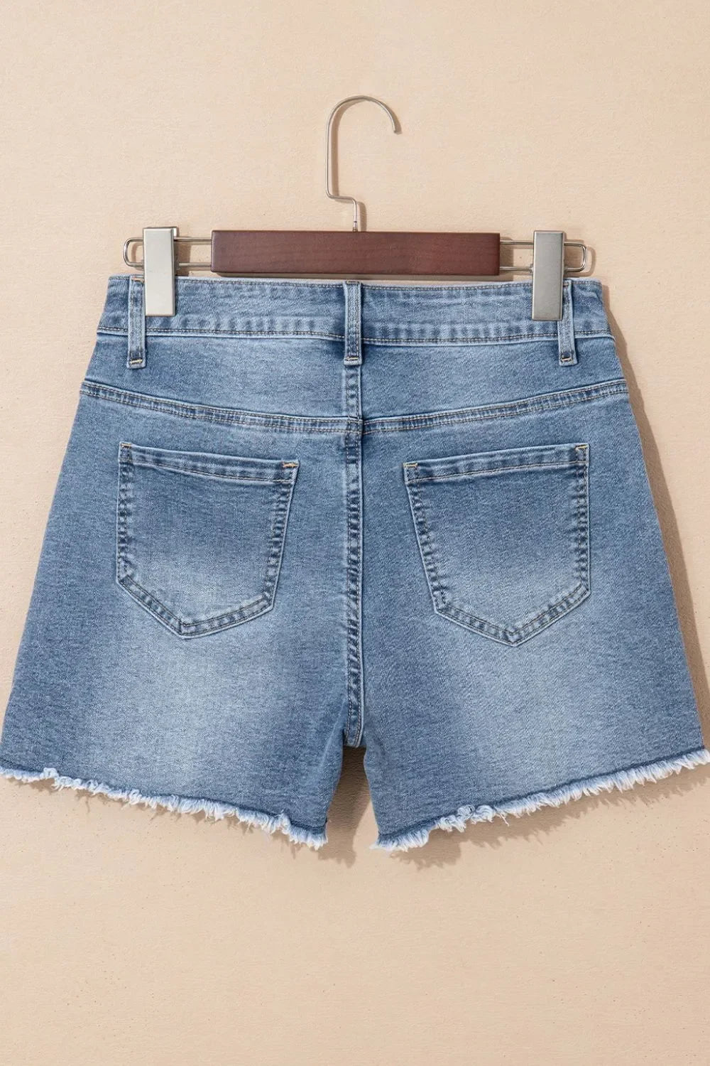 Pearl Beaded Raw Hem Wash Denim Shorts - Piña Colada