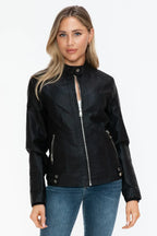 Snobbish Faux Leather Biker Jacket with Side Zip Pockets - Piña Colada