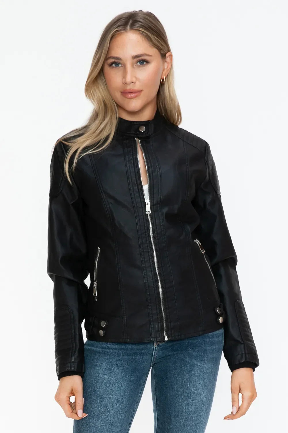 Snobbish Faux Leather Biker Jacket with Side Zip Pockets - Piña Colada