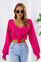 Bow V-Neck Long Sleeve Cropped Sweater - Piña Colada
