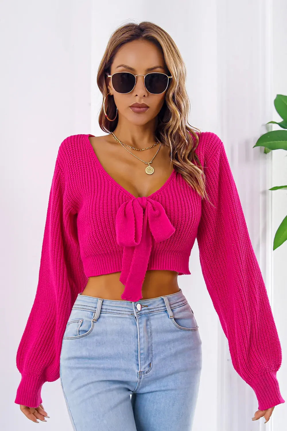 Bow V-Neck Long Sleeve Cropped Sweater - Piña Colada