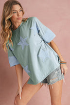 Oversized Star Patch T-Shirt – Raw Hem Split Design for Women - Piña Colada