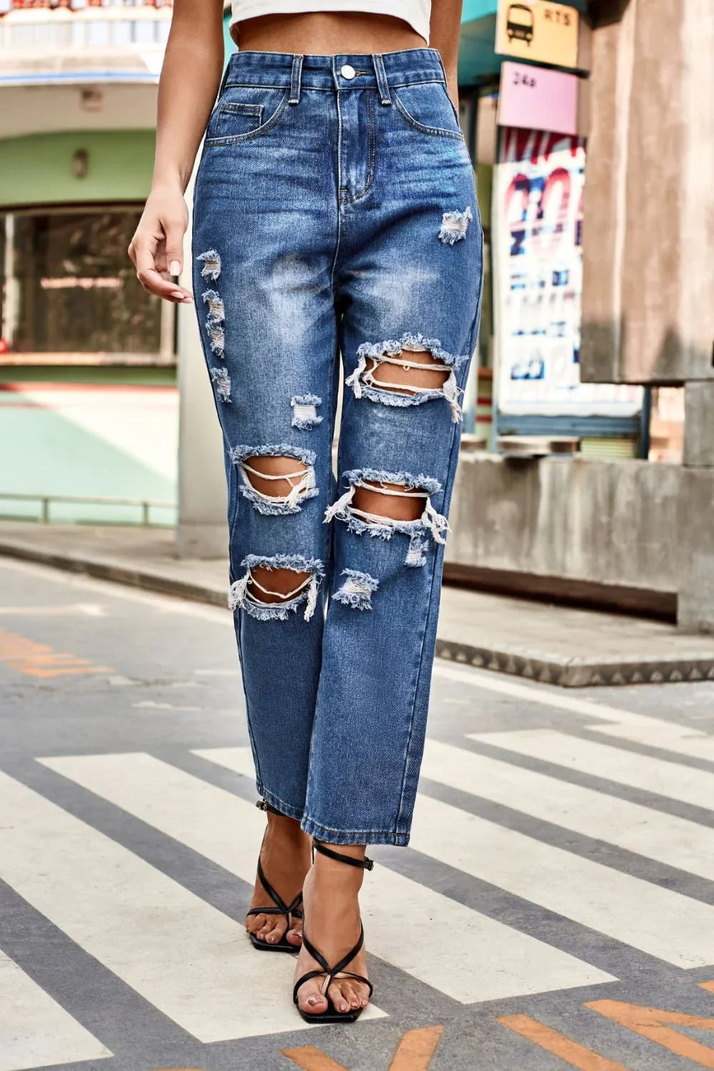 Distressed High Waist Straight Jeans - Piña Colada