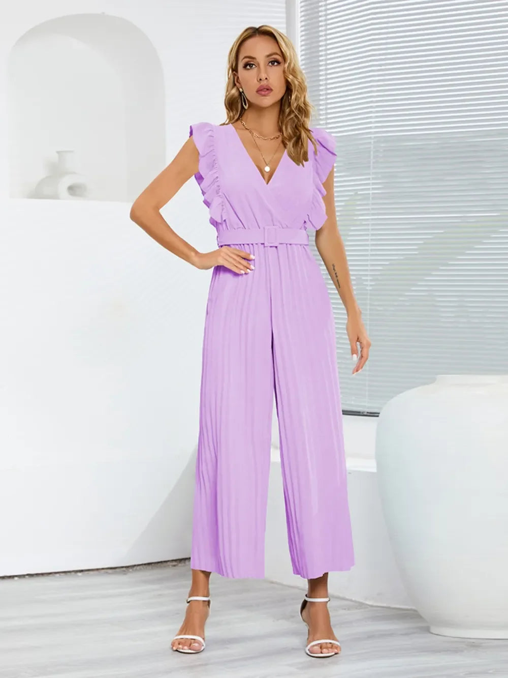 Ruffled Surplice Cap Sleeve Jumpsuit - Piña Colada