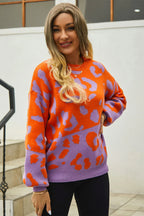 Angel Wings Woven Right Leopard Round Neck Dropped Shoulder Sweater - Piña Colada