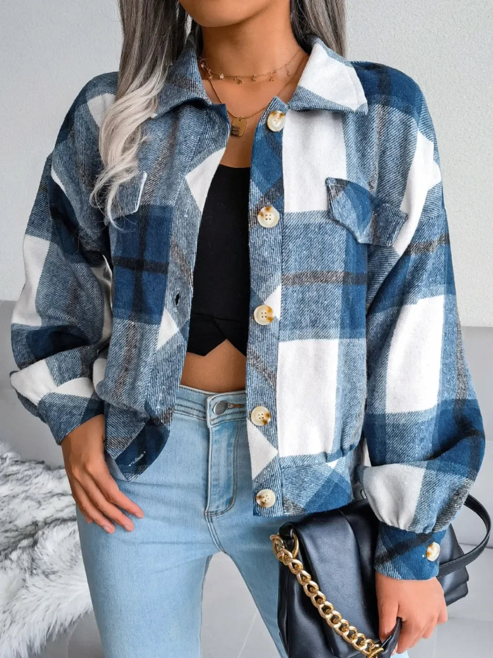 Plaid Collared Neck Long Sleeve Jacket - Piña Colada