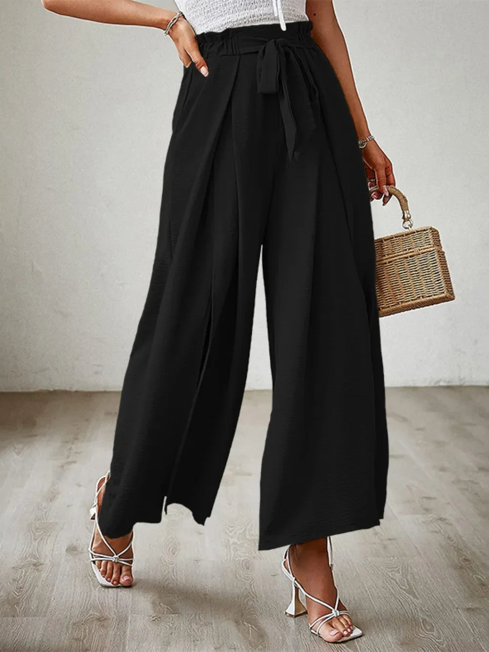 Tied Slit Wide Leg Pants - Piña Colada