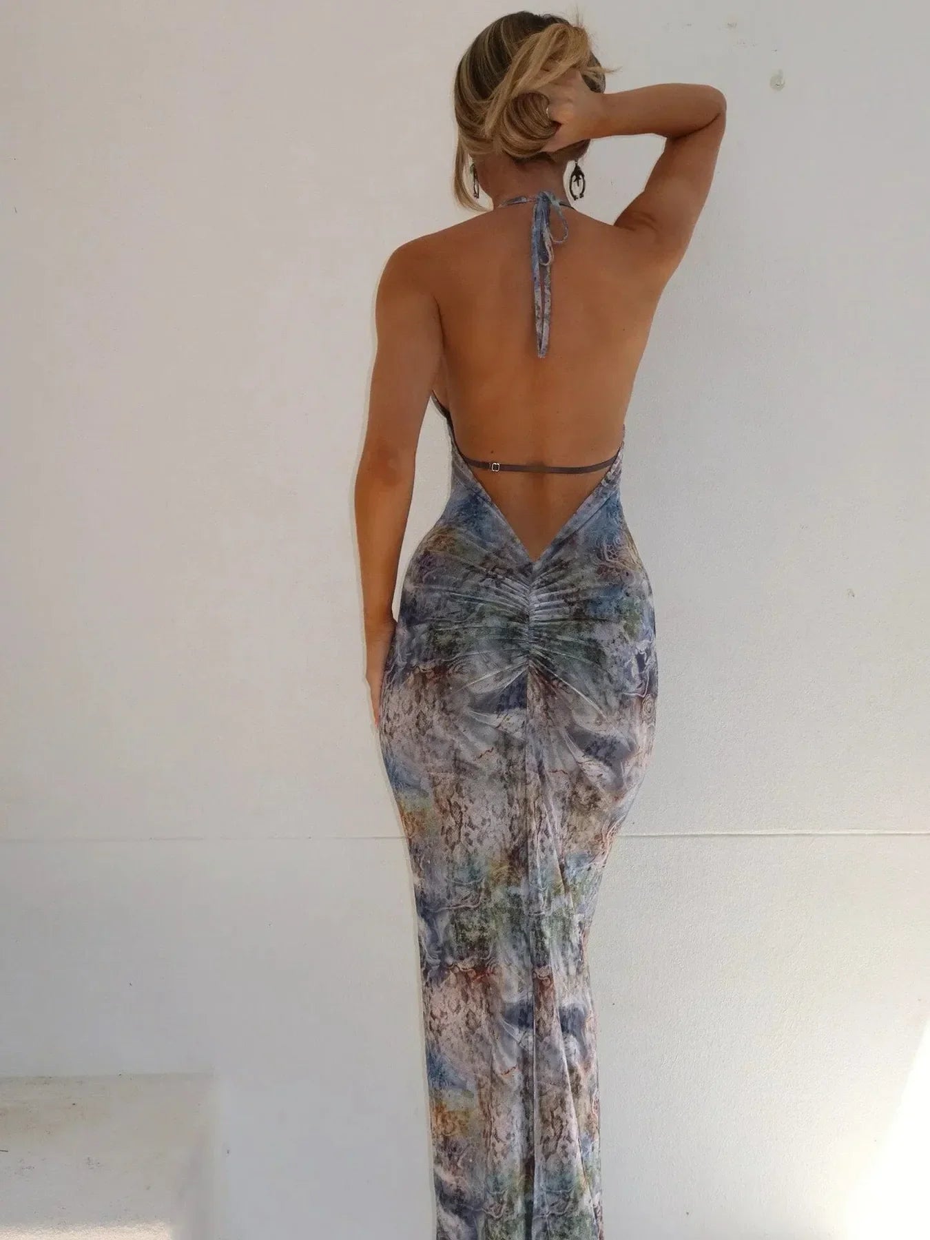 Printed V-Neck Halter Neck Maxi Dress - Piña Colada