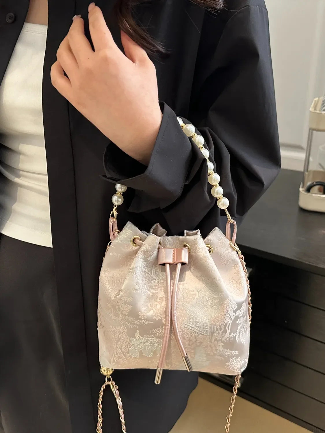 Drawstring Pearl Bucket Bag - Piña Colada