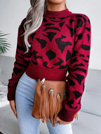 Leopard Round Neck Dropped Shoulder Sweater - Piña Colada