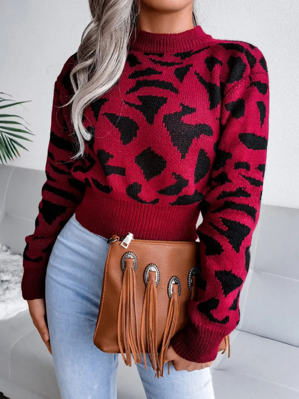 Leopard Round Neck Dropped Shoulder Sweater - Piña Colada