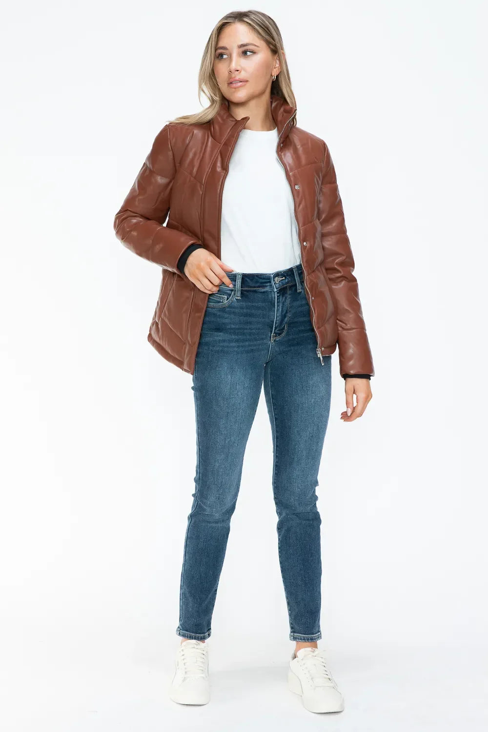 Snobbish Pocketed Zip Up Turtleneck Puffer Jacket - Piña Colada