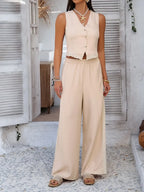 Devine Button Down Lace Detail Vest and Pants Set - Piña Colada
