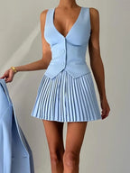 Button Up Vest and Pleated Mini Skirt Set - Piña Colada