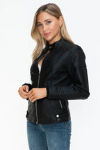 Snobbish Faux Leather Biker Jacket with Side Zip Pockets - Piña Colada