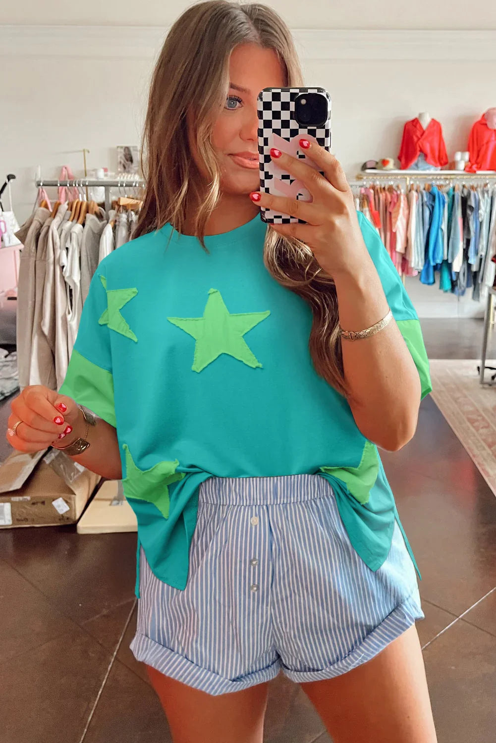 Oversized Star Patch T-Shirt – Raw Hem Split Design for Women - Piña Colada