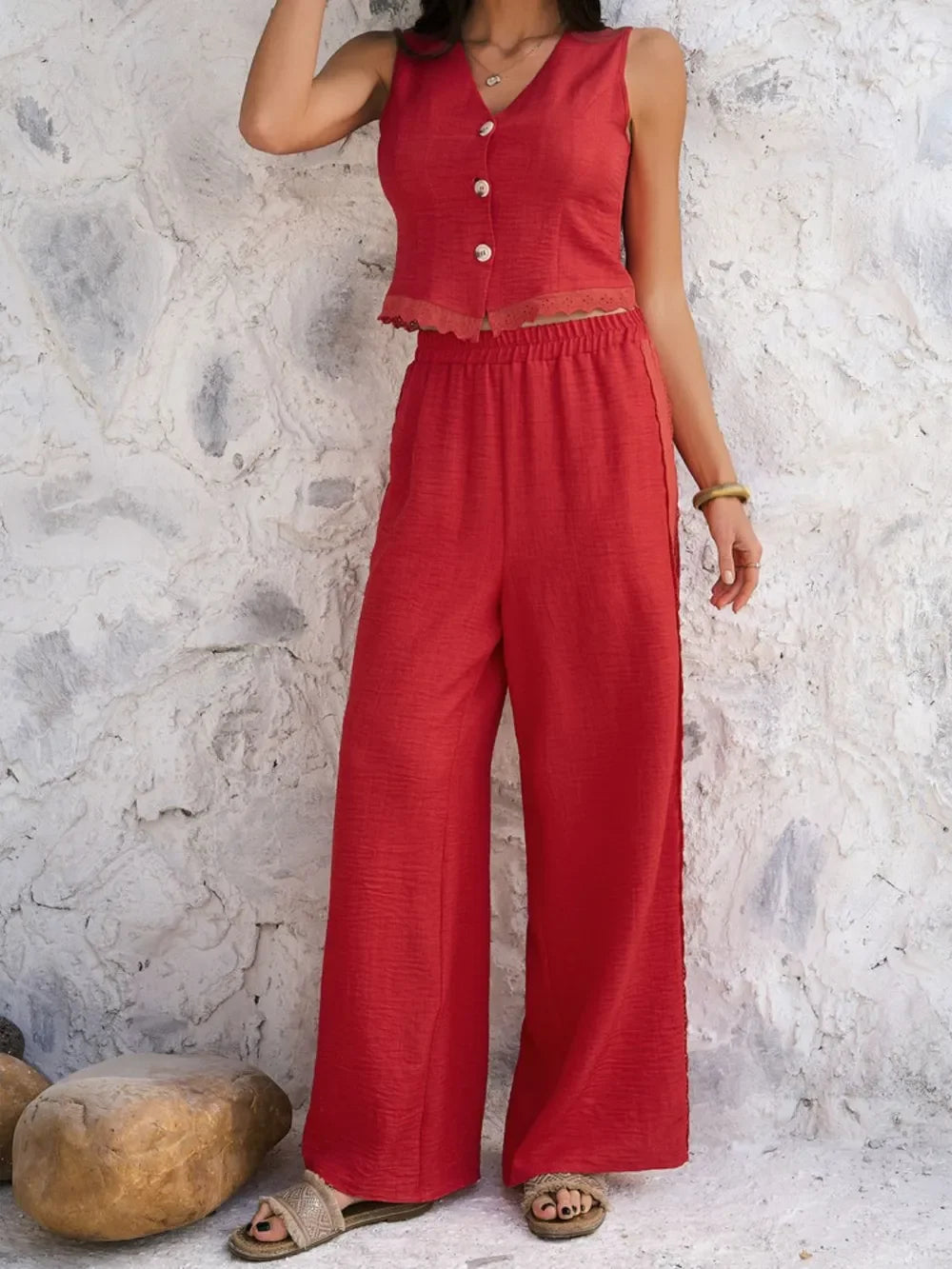 Devine Button Down Lace Detail Vest and Pants Set - Piña Colada