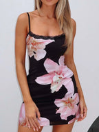 Floral Print Bodycon Cami Dress with Lace Trim - Piña Colada