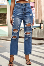 Distressed High Waist Straight Jeans - Piña Colada