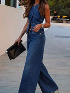 Button Down Vest and Flare Jeans Denim Set - Piña Colada