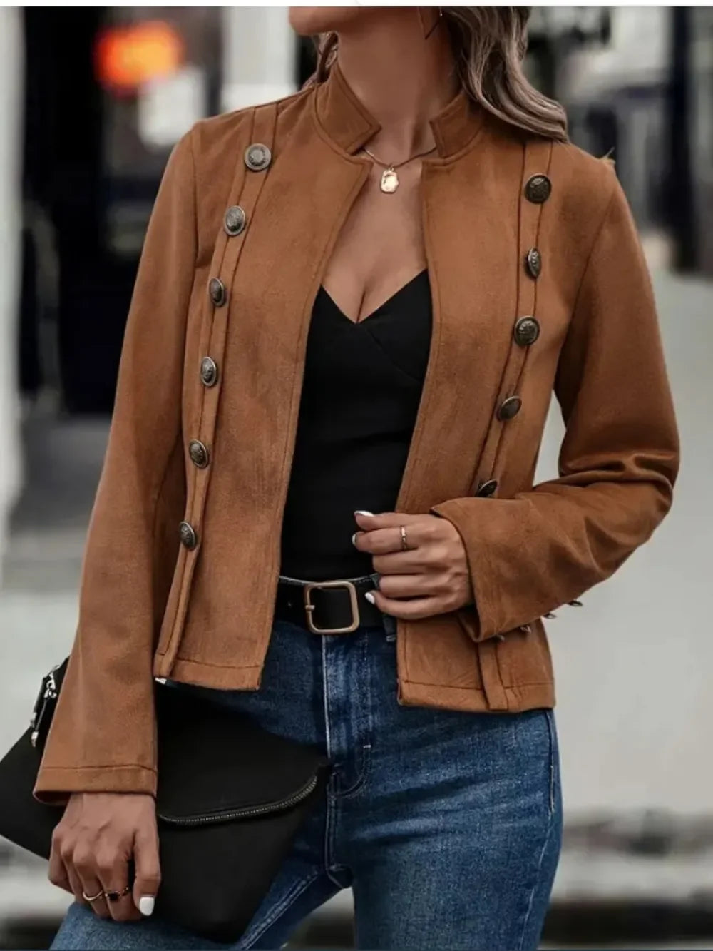Decorative Button Open Front Long Sleeve Jacket - Piña Colada