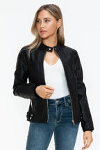 Snobbish Faux Leather Biker Jacket with Side Zip Pockets - Piña Colada