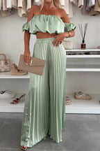 Off-Shoulder Top and Pleated Pants Set - Piña Colada