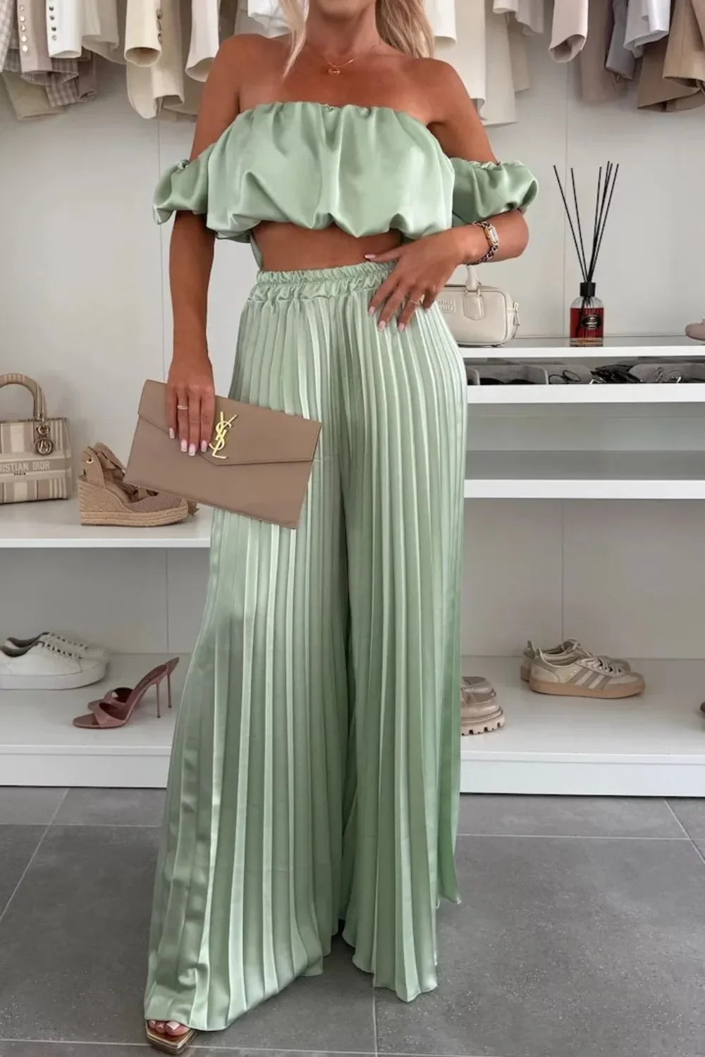 Off-Shoulder Top and Pleated Pants Set - Piña Colada